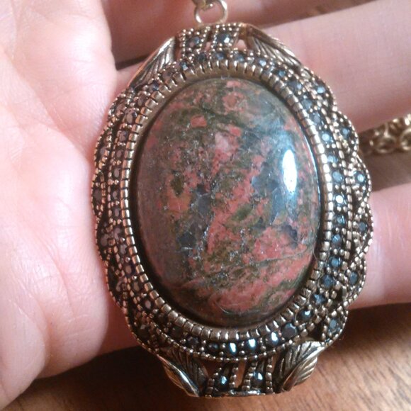 Unakite and Marcasite Goldtone Pendant Necklace - Picture 14 of 15